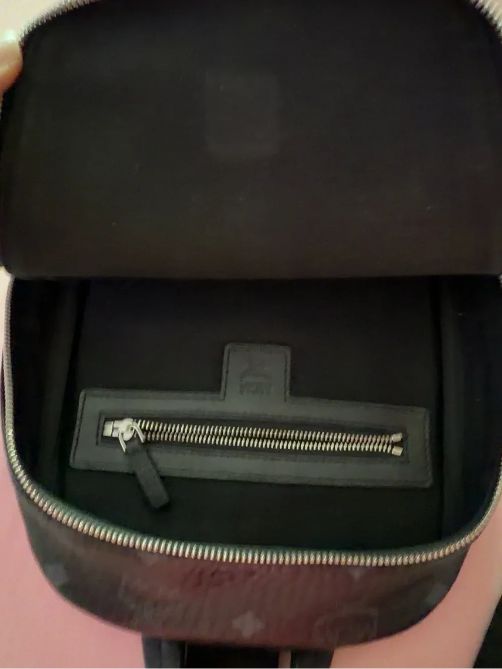 MCM Black Monogram Leather Sling Backpack